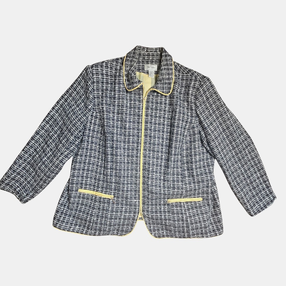 Vintage 80s Bob Mackie Textured Tweed Blazer 26W Contrast Trim Preppy Old Money